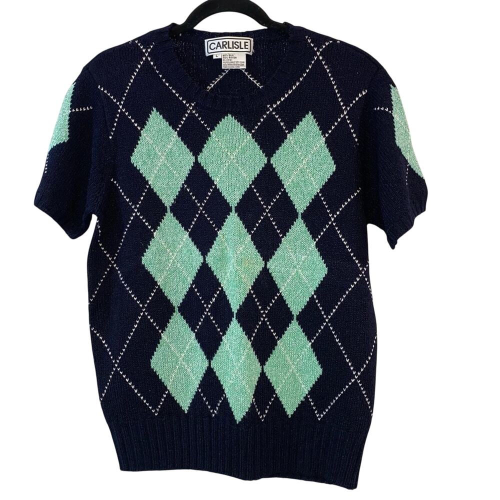 Vintage Carlisle Silk Blend Argyle Sweater Navy Mint Short Sleeve Knit Large
